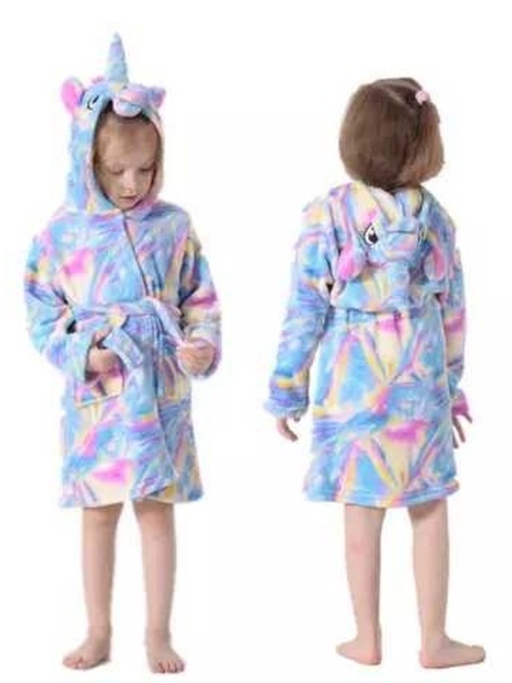 Unbranded Kids Unicorn Hooded Fleece Robe - Pastel Multicolor
